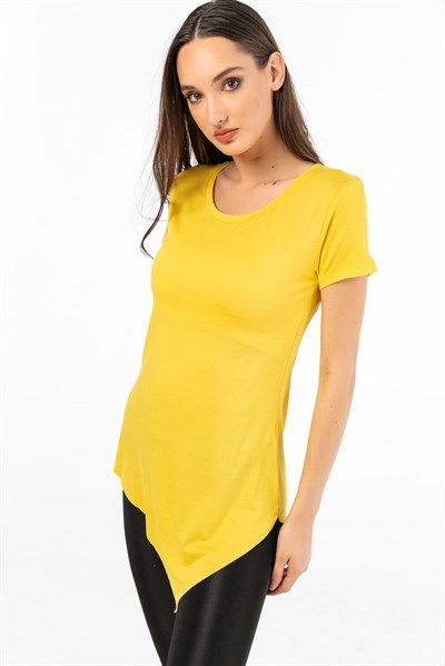 Eteği Asimetrik Likra T-shirt Sarı