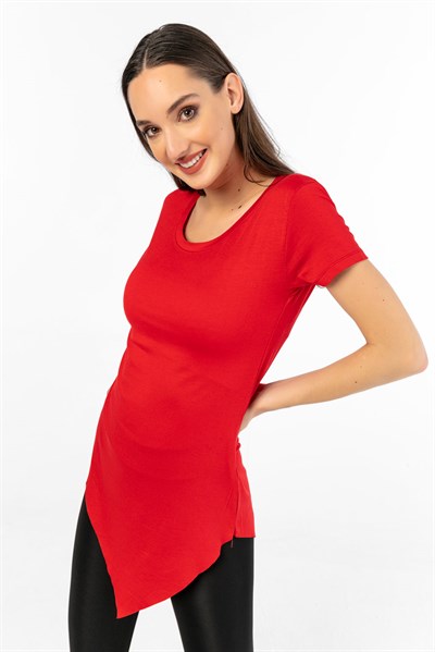 Eteği Asimetrik Likra T-shirt Kırmızı