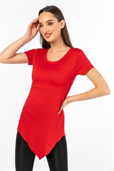 Eteği Asimetrik Likra T-shirt Kırmızı