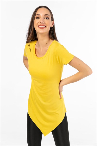 Eteği Asimetrik Likra T-shirt Sarı